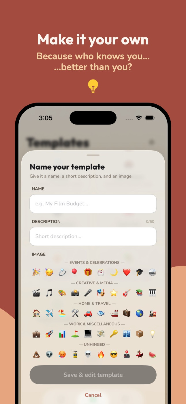 Custom template creation screen, with name, description and emoji picker