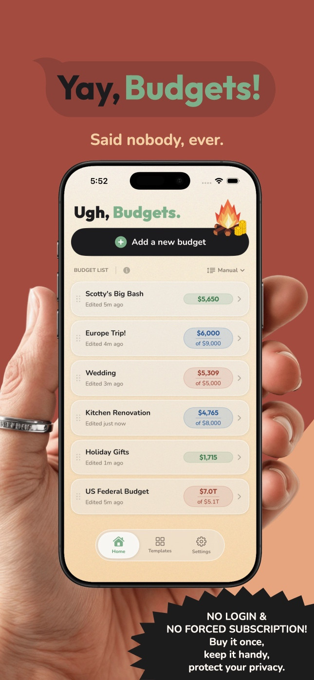 Ugh, Budgets home screen, showing a list of budgets