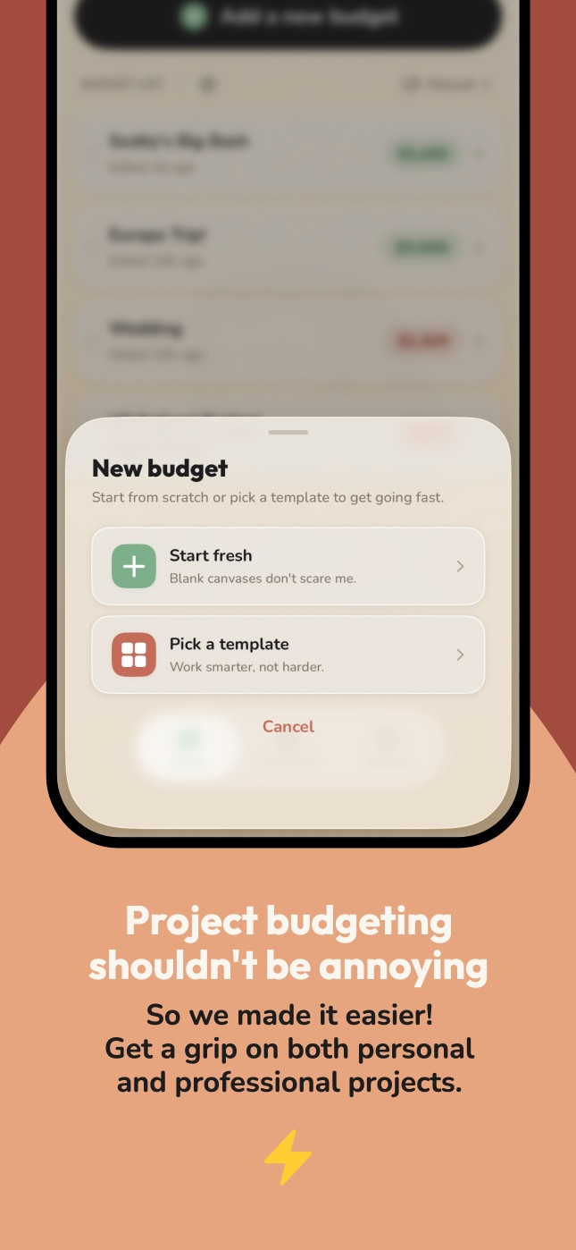 New budget sheet, with options to start fresh or pick a template