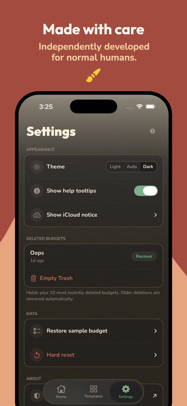 Settings screen, showing helpful options